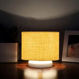 Devansh Yellow & White Textured Jute Table Lamp With Wooden Base-10