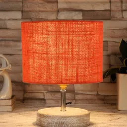 Devansh Orange & White Textured Jute Table Lamp With Wood Base-42