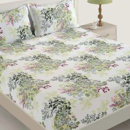 White 160 TC Floral Print Cotton Fitted Double Bed Sheet with 2 Pillow Cover by Swayam-picture-34