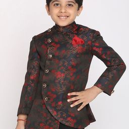 VASTRAMAY Boys Maroon Woven Design Silk Blend Bandhgala Blazer-11