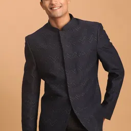 SHRESTHA BY VASTRAMAY Men Self Design Mandarin Collar Silk Bandhgala Blazer-21
