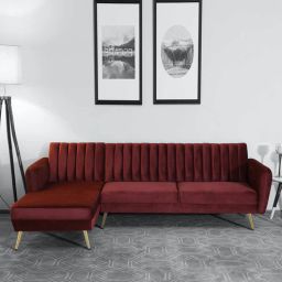 casacraft from pepperfry Fidel Velvet RHS Sectional Sofa (3 + Lounger) in Wine Red Colour-picture-31