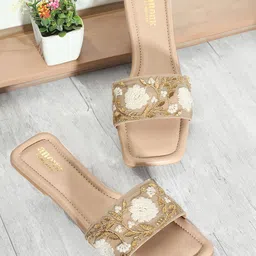 Anouk Beige Floral Embroidered Open Toe Flats-18