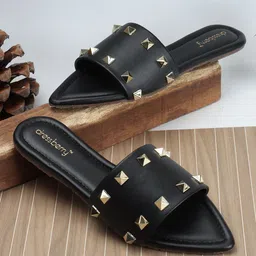 DressBerry Black Embellished Open Toe Flats-20
