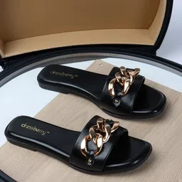 DressBerry Black Embellished Open Toe Flats-11