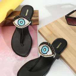 Anouk Black & Blue Evil Eye Embellished Classic T-Strap Flats-image-40