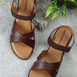 sneakers villa Women Leather Cross Strap Open Toe Flats With Backstrap-15
