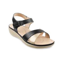 Mochi Women Black Textured Open Toe Flats-10