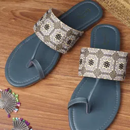 PANAHI Women Grey Embellished Open Toe Flats-52