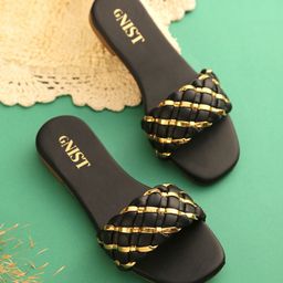 GNIST Women Black Embellished Party Open Toe Flats-6