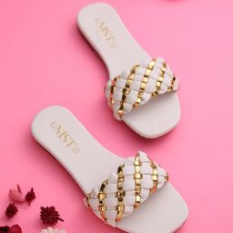 GNIST Women White Embellished Party Open Toe Flats-71