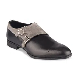 TOP BRASS Men Black Textured Leather Monk Formal Shoes-image-8
