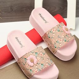 DressBerry Pink Printed Open Toe Flatform Heels-44