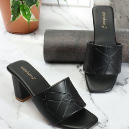 DressBerry Black Textured Open Toe Block Heels-17