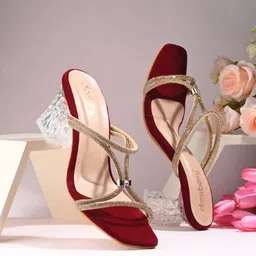 DressBerry Maroon Embellished Open Toe Block Heels-25