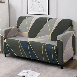 HOKIPO Grey & Green Abstract Printed 3 Seater Stretchable Sofa Cover With Arms-13
