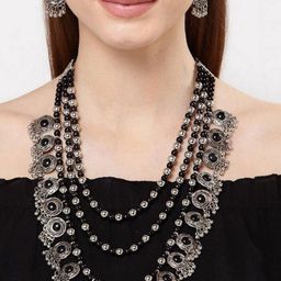 Oxidized Heaven Sterling Silver-Plated Stone Studded & Beaded Jewellery Set-image-91