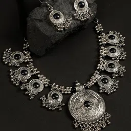 Oxidized Heaven Sterling Silver-Plated Stone Studded Necklace and Earrings-picture-11