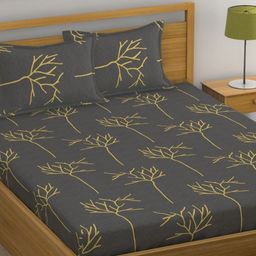 Huesland Grey & Yellow Floral Printed 144 TC Cotton King Bedsheet With 2 Pillow Covers-image-74