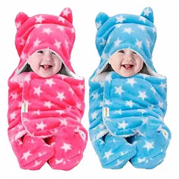 OyO Baby Pink & Blue 2 Pcs Fleece AC Room 350 GSM Single Bed Blankets-image-82