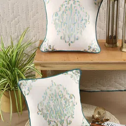 TARAN LIVING White & Green 2 Pieces Embroidered Square Cotton Cushion Covers-image-96