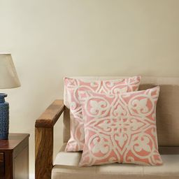 TARAN LIVING Off White & Pink 2 Pcs Embroidered Square Cotton Cushion Covers-image-13