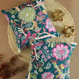Aura Green & Purple 2 Pieces Floral Square Cotton Cushion Covers-picture-26