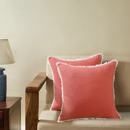 TARAN LIVING Peach & White 2 Pieces Cotton Square Cushion Covers-6