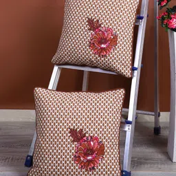 eyda Coffee Brown & White Set of 2 Embellished Square Cushion Covers-17