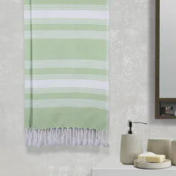 Arrabi Set Of 2 Green & White Striped 210 GSM Cotton Bath Towels-8