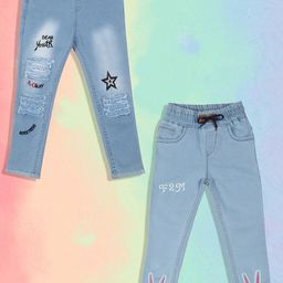 A-Okay Girls Pack Of 2 Slim Fit High-Rise Highly Distressed Embroidered Cotton Jeans-image-74