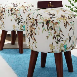 Wooden Twist 2-Pcs White & Mustard Yellow Printed Wooden Puffy Ottoman Stool-0