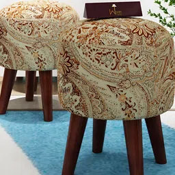 Wooden Twist 2-Pcs Brown Printed Round Wooden Ottomans-image-96