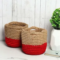 HABERE INDIA Red & Beige 2 Pcs Colorblocked Jute Crochet Storage Baskets-53