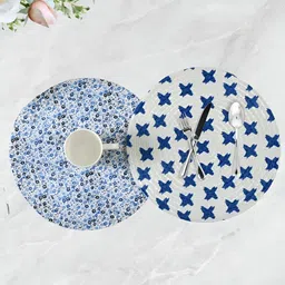 HOMADORN Blue & White 2 Pcs Floral Rectangular Table Placemats-12