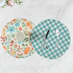 HOMADORN White & Green 2 Pieces Printed Round Table Placemats-6