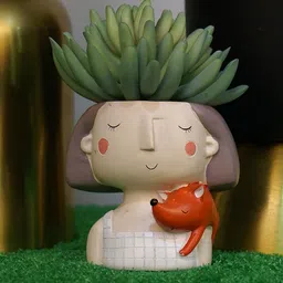 Garden Deco White Cream  2 Pieces Checked Cute Girl Planters-5