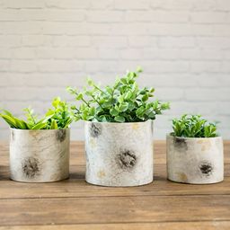 BEHOMA Off White & Grey 3 Pcs Abstract Printed Marble Finish Cylinder Shape Metal Planters-0