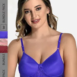 StyFun Pack Of 3 Floral Lace Full Coverage Lightly Padded Non-Wired Everyday Bra-picture-12