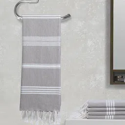 Arrabi Set Of 5 Grey & White Striped 210 GSM Pure Cotton Hand Towels-27