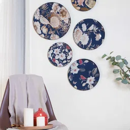 Ritualistic Brown & Navy Blue 5 Pieces Oriental Blooms Painted Wall Decor Plates-image-2