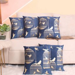 STITCHNEST Blue & Gold-Toned 5 Pieces Quirky Velvet Square Cushion Covers-image-0