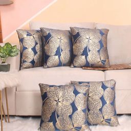 STITCHNEST Blue & Gold-Toned 5 Pieces Floral Velvet Square Cushion Covers-image-32