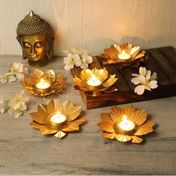 Amaya Decors Set Of 3 Gold-Toned Solid Flower Shape Tealight Holders-picture-12