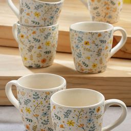 Arrabi White & Yellow 6 Pieces Floral Printed Stoneware Matte Cups 220 ml-48