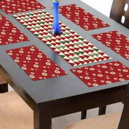 THEYAYACAFE Maroon & Off White 7 pieces Printed Tablemats & Table Runner-4