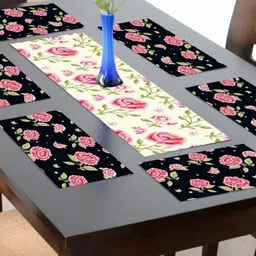 THEYAYACAFE Black & Off White 7 Pieces Floral Cotton Table Placemats With Runners-24