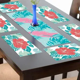 THEYAYACAFE White & Blue7 Pieces  Floral Tablemats & Table Runner-17