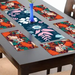 THEYAYACAFE Navy Blue & Maroon 7 Pieces Floral Cotton Table Placemats With Runners-40
