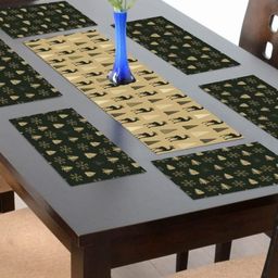 THEYAYACAFE  Green & Beige 7 Pieces Printed Tablemats & Table Runner-17